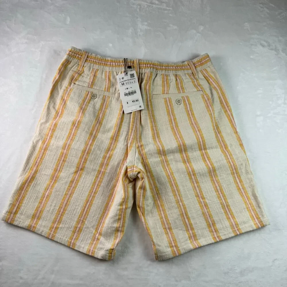 Zara Men Linen Blend Shorts Yellow Pink Old Money Resort Casual Size M NWT - Picture 7 of 11